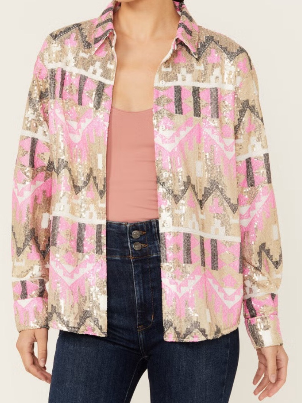 Main Strip Sequin Shacket in Pink, Gold, Black & White Western Southwestern